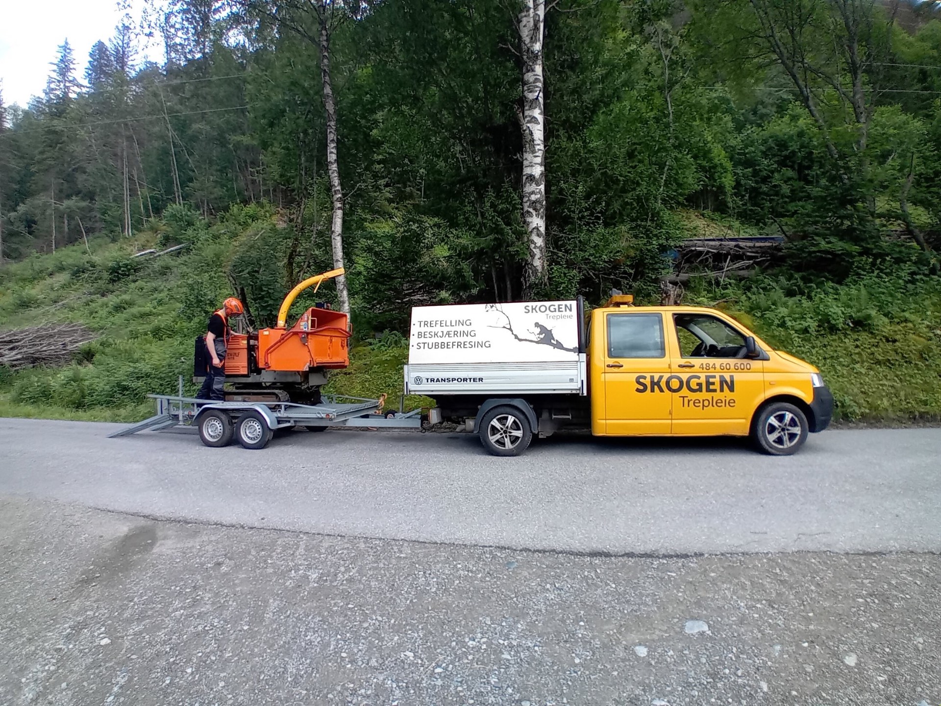 Skogen Trepleie AS med egen flishugger og utstyr i Kongsberg – lokal arborist for trefelling, beskjæring og rydding